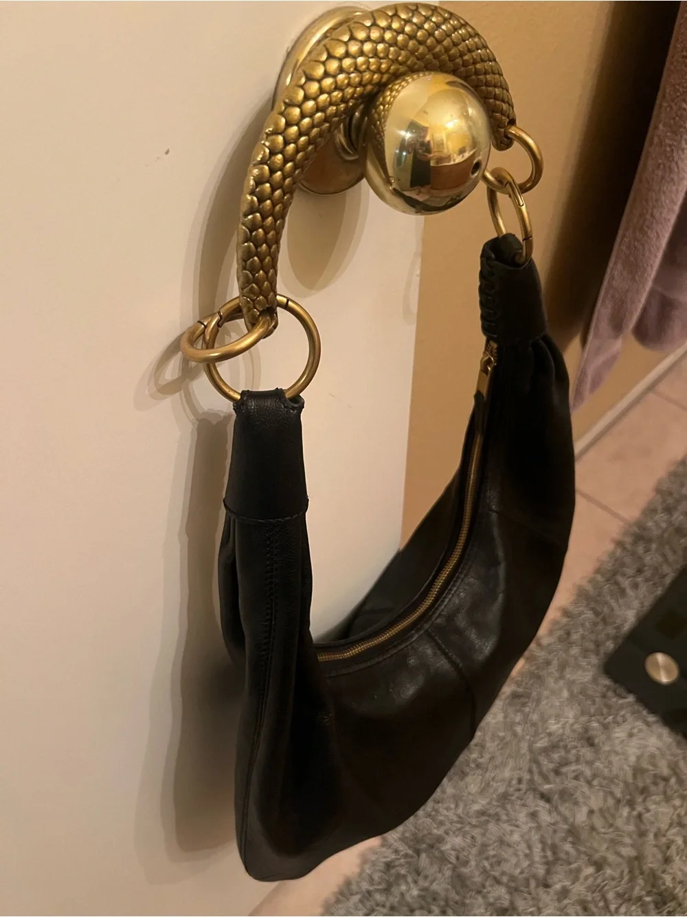 Walter Baker Black Leather Hobo with Gold Handle